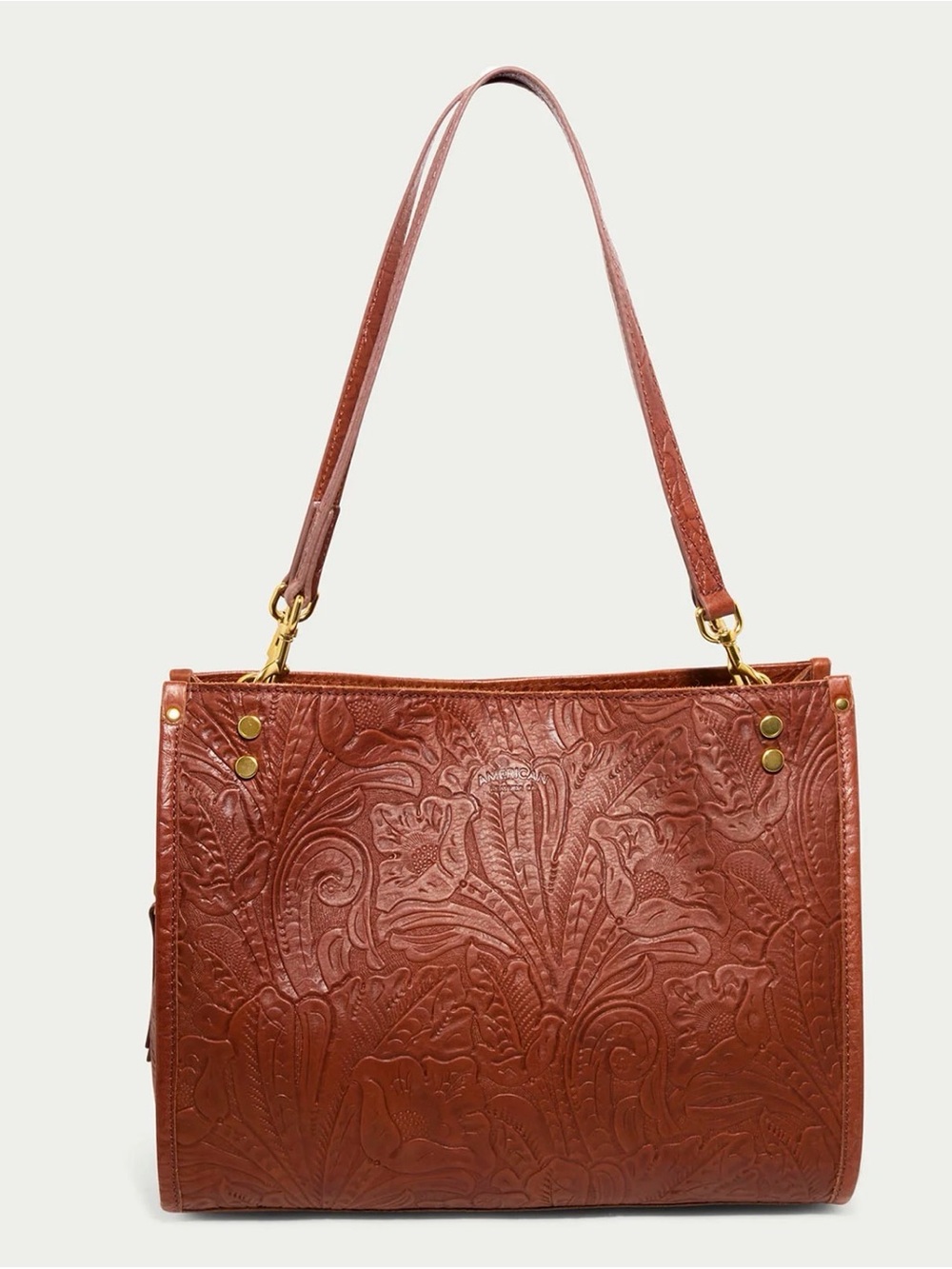 American Leather Company Lenox Triple Entry Satchel Color: Brandy Tooled